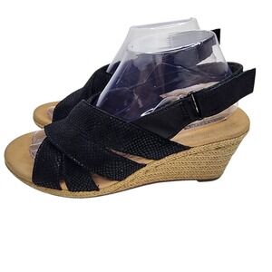 Clarks Lafley Krissy Leather Wedge Espadrille‎ Sandals Black Sz 8.5 Adjust Strap